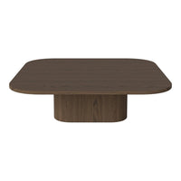 Brown square coffee table with a smooth wooden finish and rounded edges, featuring a minimalist design.