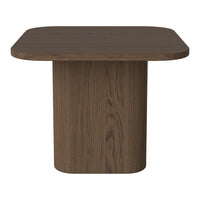 Brown wooden table with a smooth rectangular top and cylindrical base, featuring a rich wood grain texture.