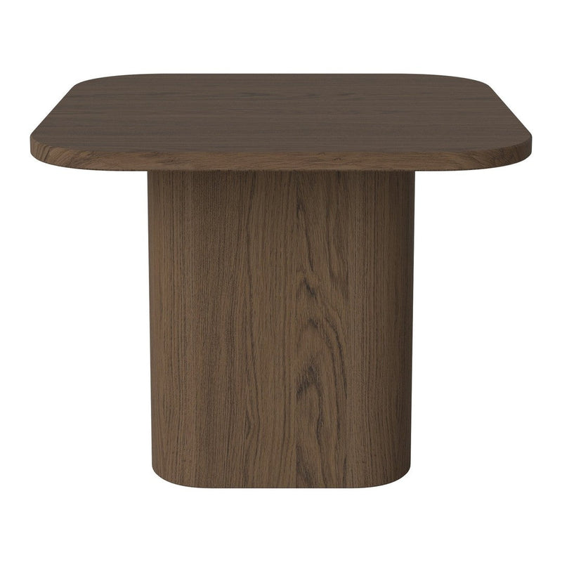 Brown wooden table with a smooth rectangular top and cylindrical base, featuring a rich wood grain texture.