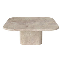 Light beige rectangular table with a smooth, natural stone pattern and rounded edges, featuring a simple pedestal base.