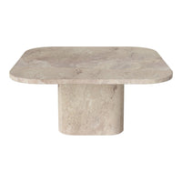 Square beige marble table with subtle veining and a smooth, rounded edge design. Ideal for modern interiors.