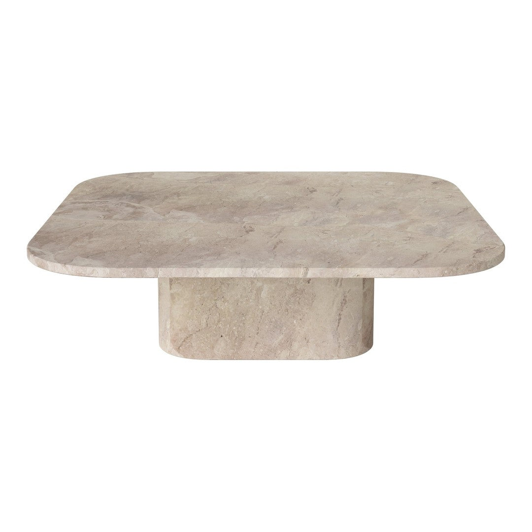 Light gray stone coffee table with a smooth, matte finish and rounded edges. Subtle natural patterns enhance its elegance.