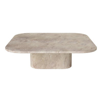 Light gray stone coffee table with a smooth, matte finish and rounded edges. Subtle natural patterns enhance its elegance.