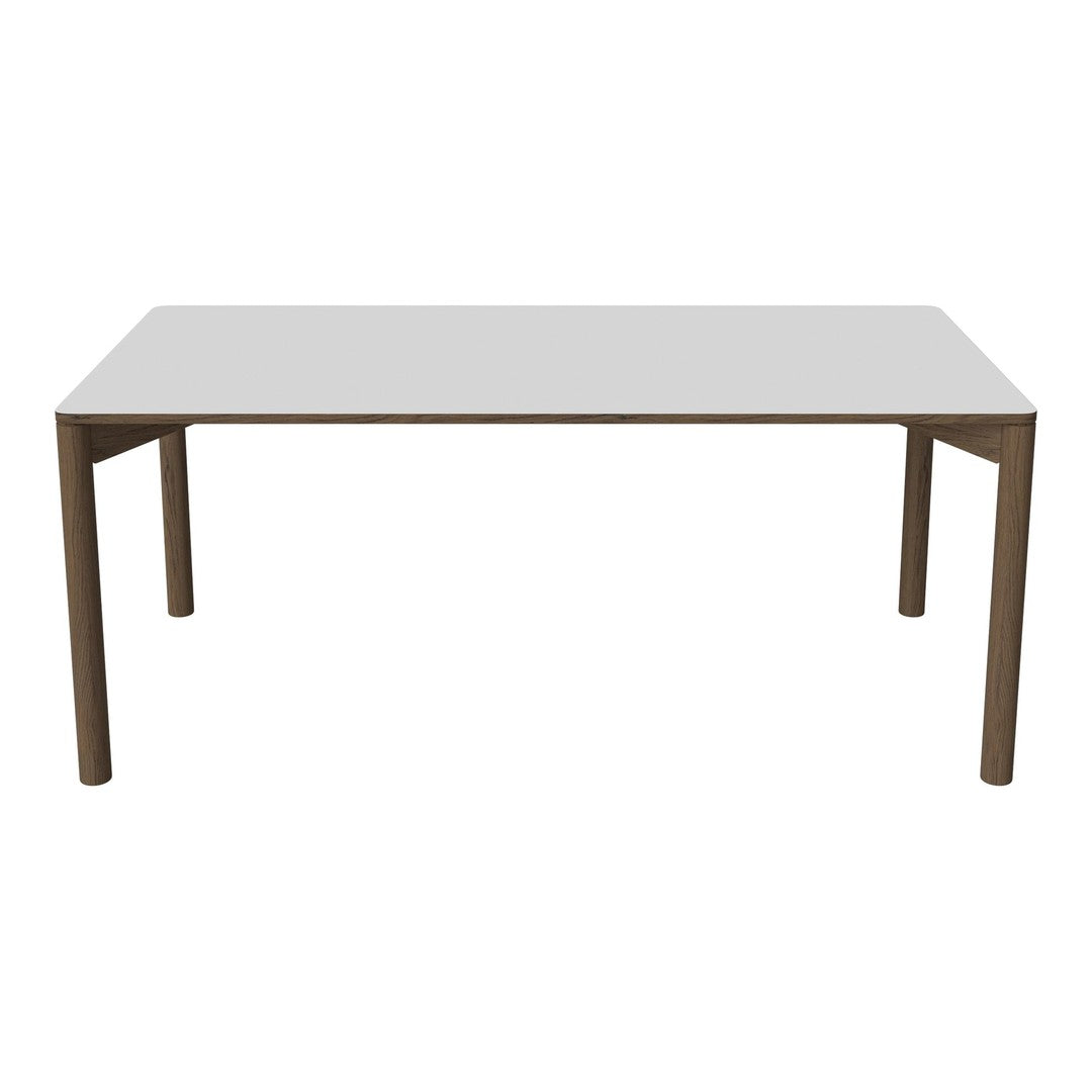 White tabletop with brown wooden legs, showcasing a clean, modern design without intricate patterns. Ideal for any space.