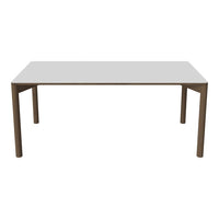 White tabletop with brown wooden legs, showcasing a clean, modern design without intricate patterns. Ideal for any space.