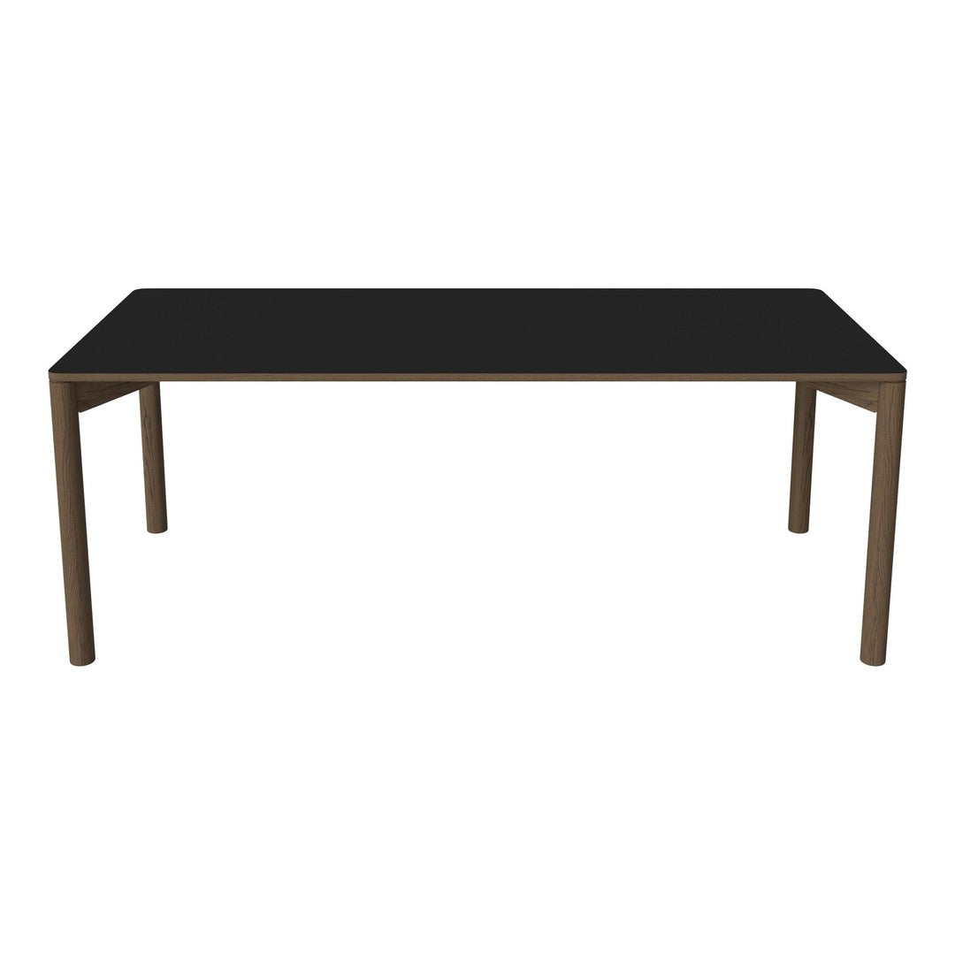 Sleek black tabletop with minimalist brown legs, perfect for modern dining or workspace settings.