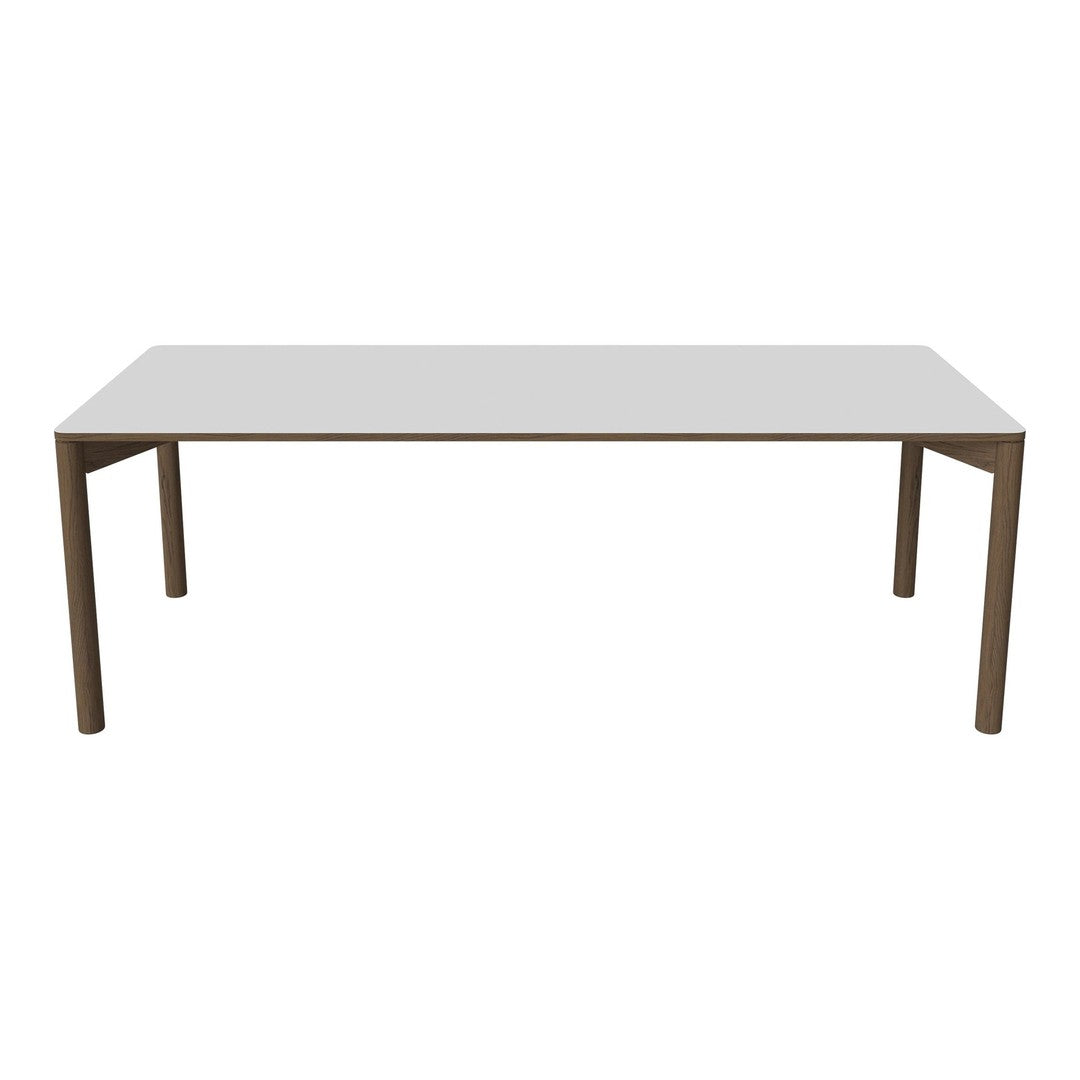 Modern white tabletop with natural wood legs, featuring a sleek, minimalist design. Ideal for contemporary dining spaces.