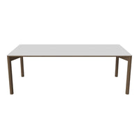 Modern white tabletop with natural wood legs, featuring a sleek, minimalist design. Ideal for contemporary dining spaces.