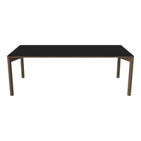 Sleek black tabletop with minimalist design, complemented by natural wood legs in a warm finish.