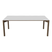 White tabletop with sleek brown legs, featuring a modern, minimalist design and a smooth surface.