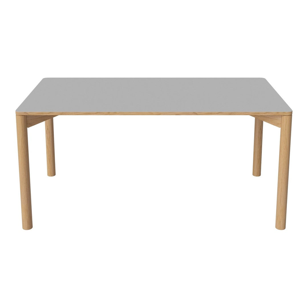 Light gray tabletop with natural wood legs in a simple, modern design. Ideal for contemporary dining spaces.