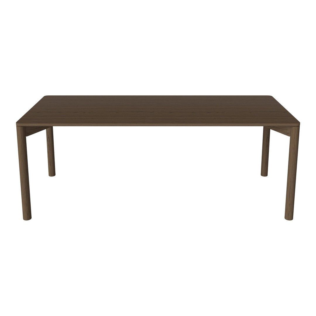 Rectangular dining table in rich brown with a sleek, minimalist design and smooth textured surface.