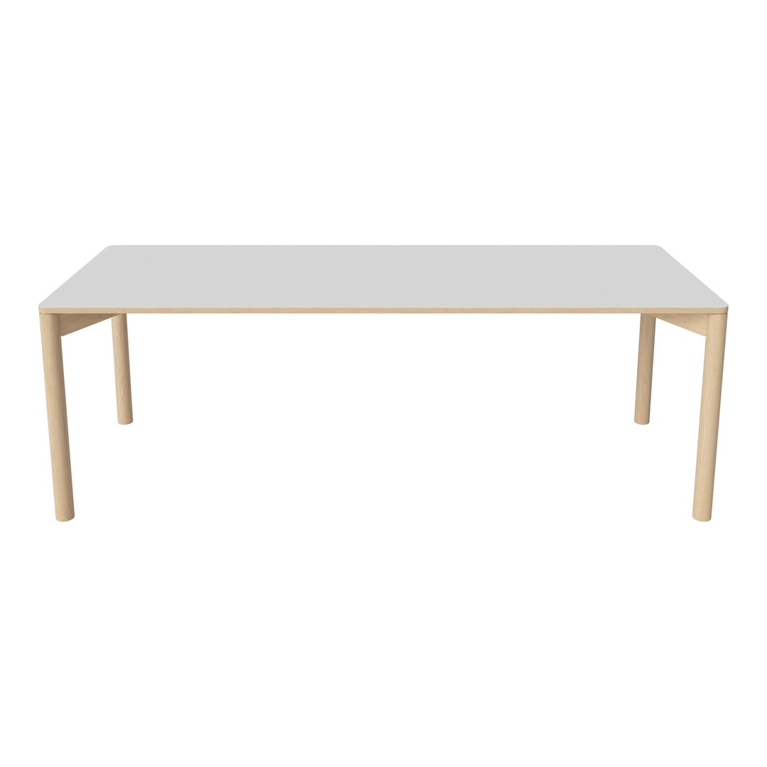 Minimalist white tabletop with natural wood legs, ideal for a modern dining or workspace setting.