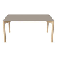 Light beige rectangular table with a smooth, solid gray surface and natural wood legs, perfect for modern dining spaces.