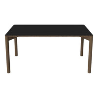 Black rectangular table with a smooth surface and natural wood finish legs, perfect for modern decor.