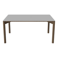 Rectangular table with a sleek gray surface and warm brown wooden legs, featuring a minimalist design.