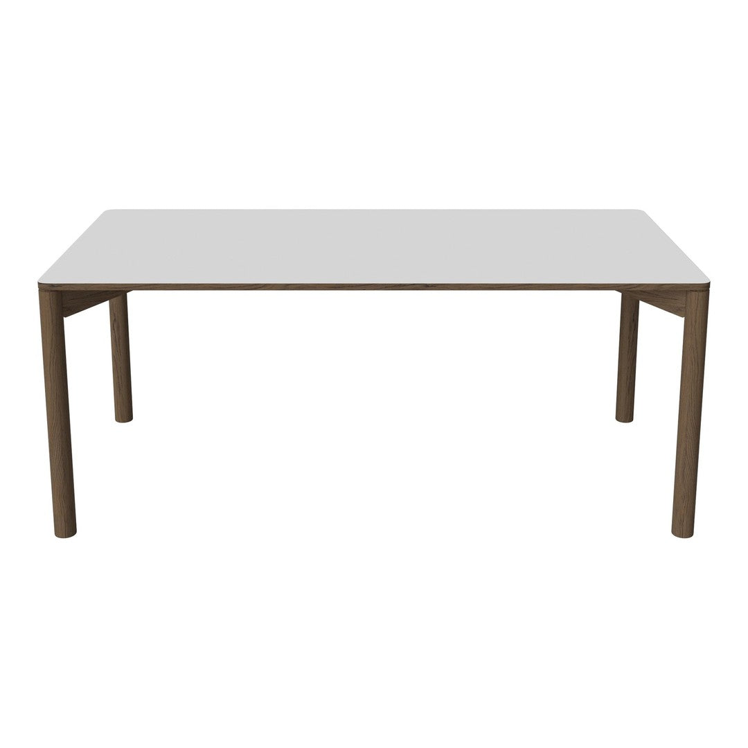 White tabletop with smooth finish and brown wood legs, perfect for modern dining spaces. Minimalist design.