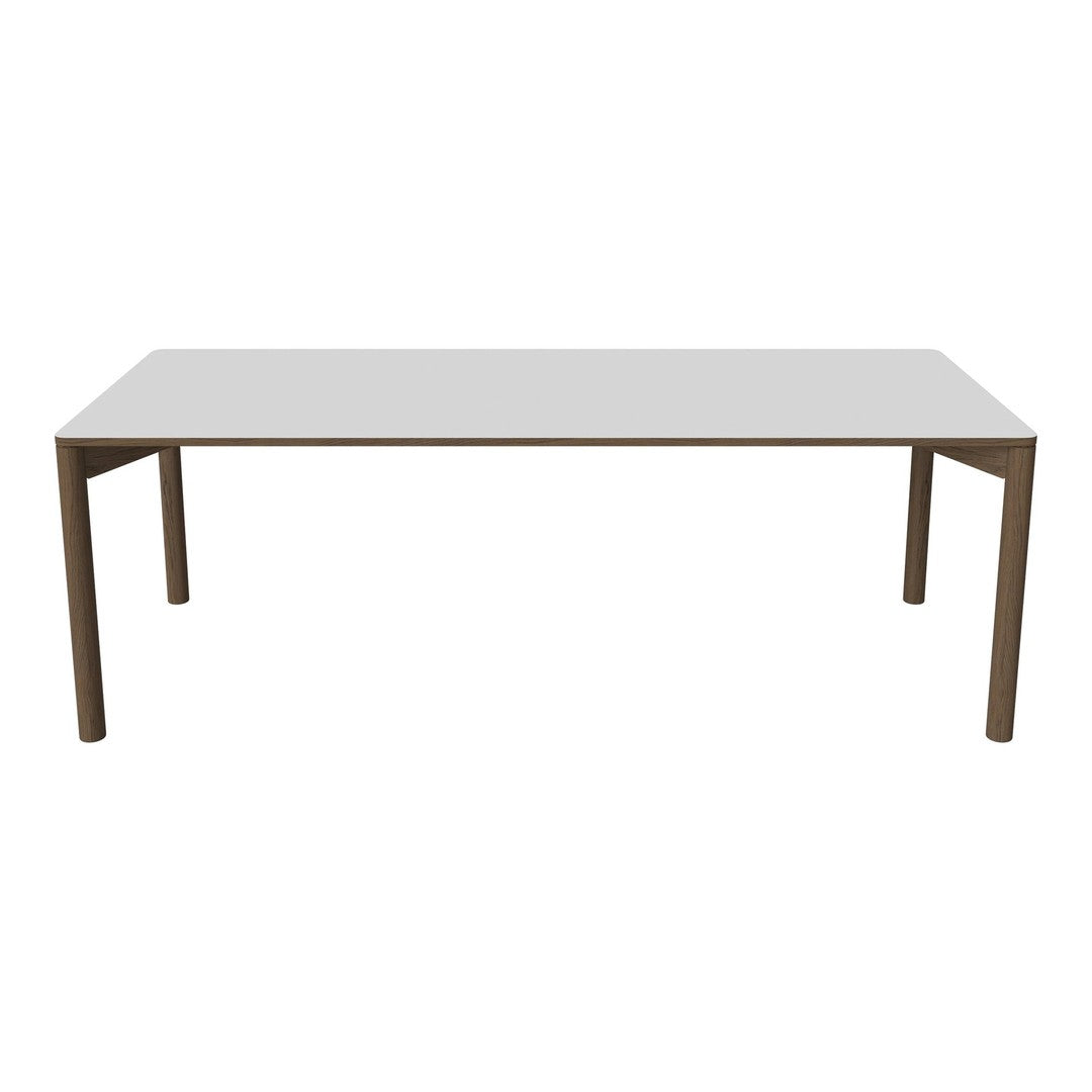 Modern white tabletop with brown wooden legs, featuring a sleek, minimalist design. Perfect for any dining area.
