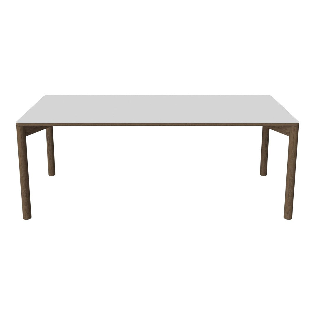 Sleek white tabletop with brown legs, featuring a minimalist design and smooth finish for modern interiors.