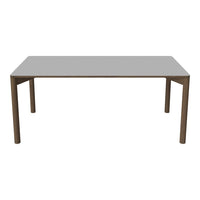 Gray rectangular table with a smooth surface and wooden legs in a natural finish. Simple, modern design.