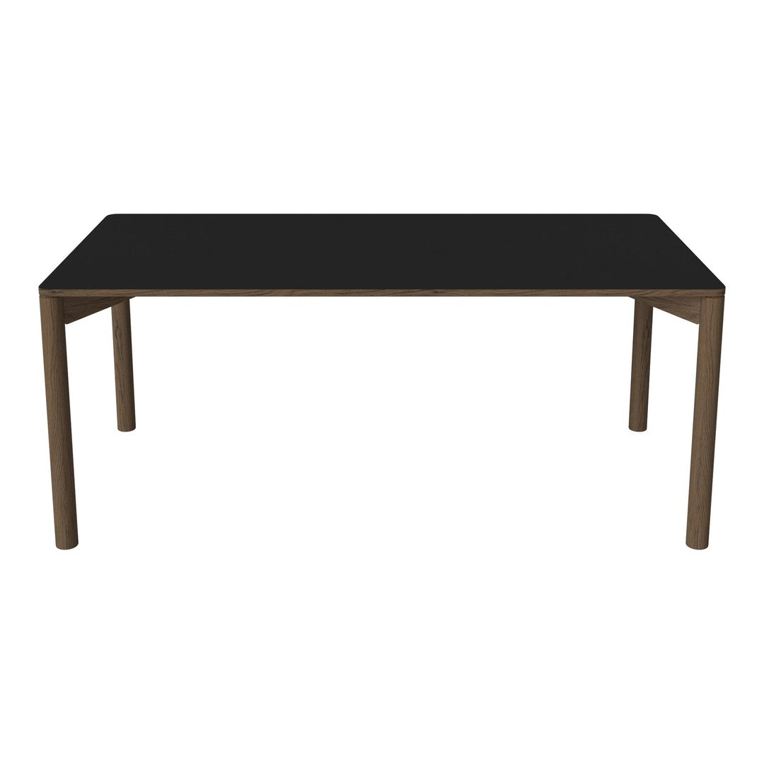 Black tabletop with a sleek, modern brown frame, perfect for contemporary dining spaces.
