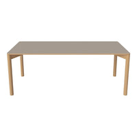 Light beige rectangular table with smooth surface and natural wood legs, perfect for modern dining spaces.