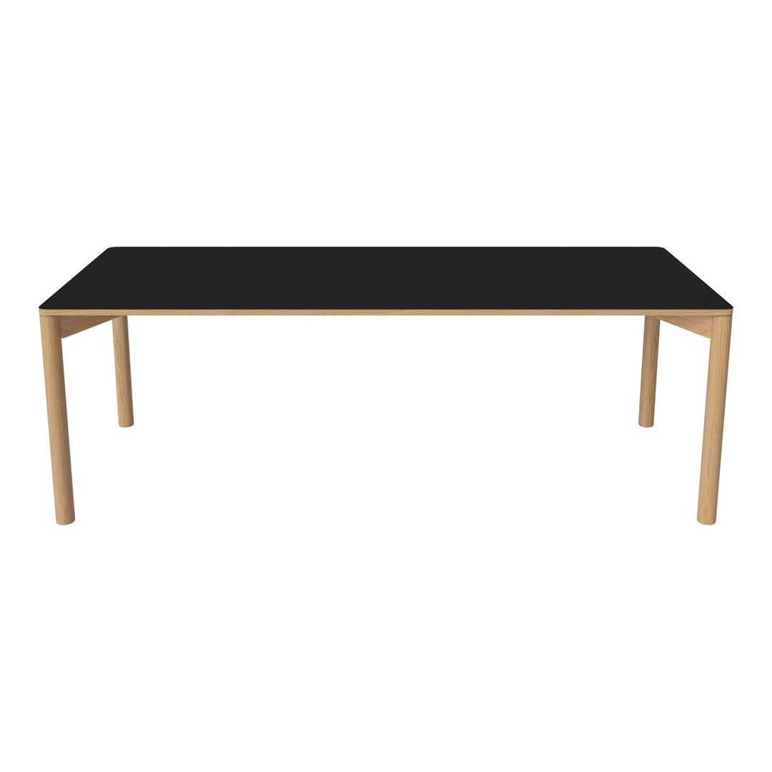 Black tabletop with a smooth finish, paired with natural wood legs, creating a sleek and modern design.