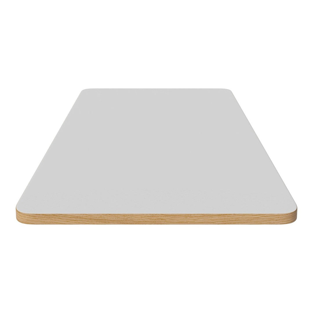 Gray tabletop with smooth surface and natural wood trim, perfect for modern decor.