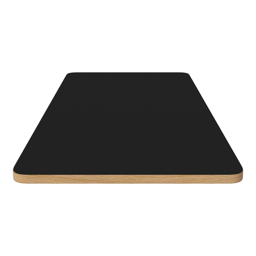 Black tabletop with a smooth finish and natural wood edges. Perfect for modern decor.