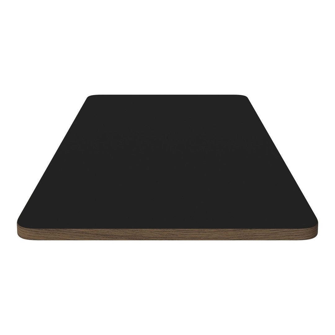 Sleek black tabletop with a smooth finish and light wood edge, perfect for modern decor.