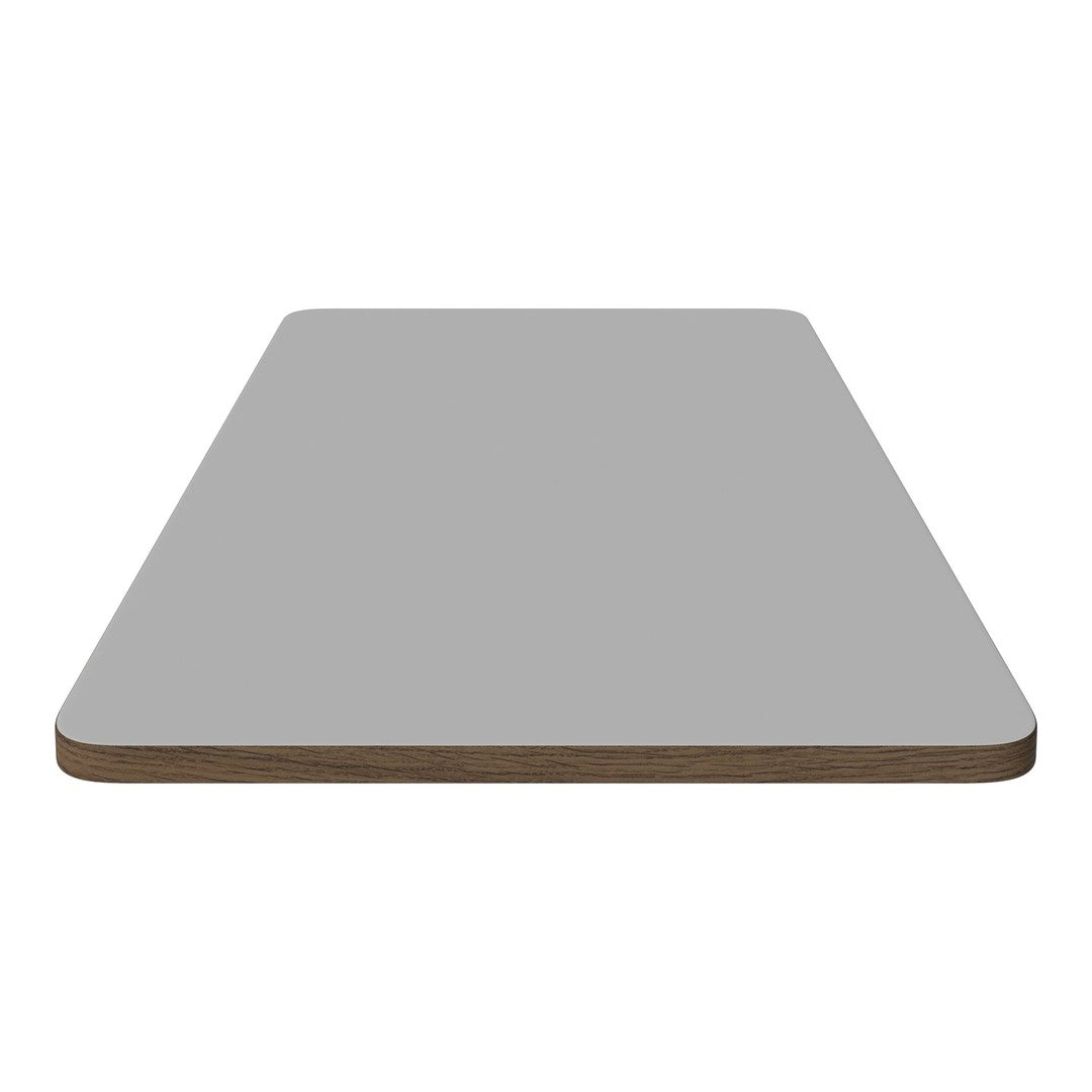 Light gray tabletop with a smooth surface and contrasting brown edges, perfect for modern decor.