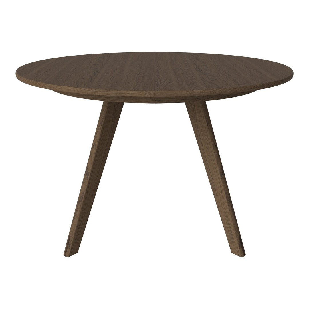Round brown wooden table with a smooth finish and tapered legs, showcasing a minimalist design.