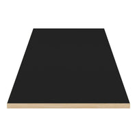 Black tabletop with a smooth, matte finish and natural wood edge. Ideal for modern decor.