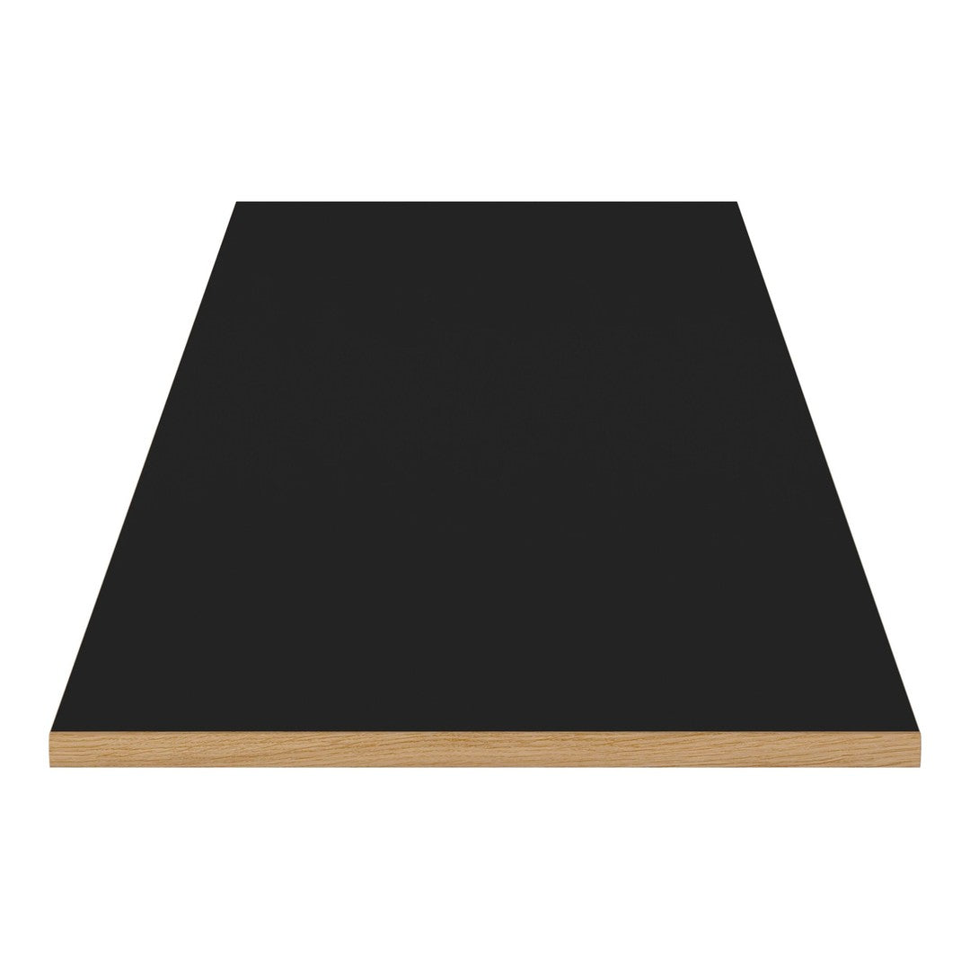 Black tabletop with a smooth finish and natural wood edges, perfect for modern decor.