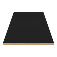 Black tabletop with a smooth finish and natural wood edges, perfect for modern decor.