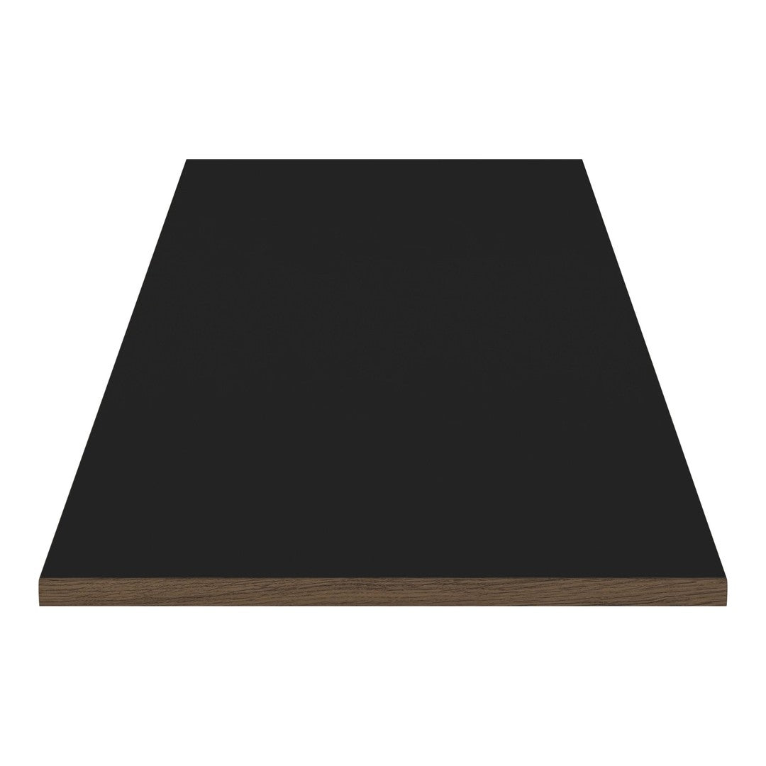 Solid black surface with a smooth finish, featuring a contrasting brown edge. Ideal for modern decor.