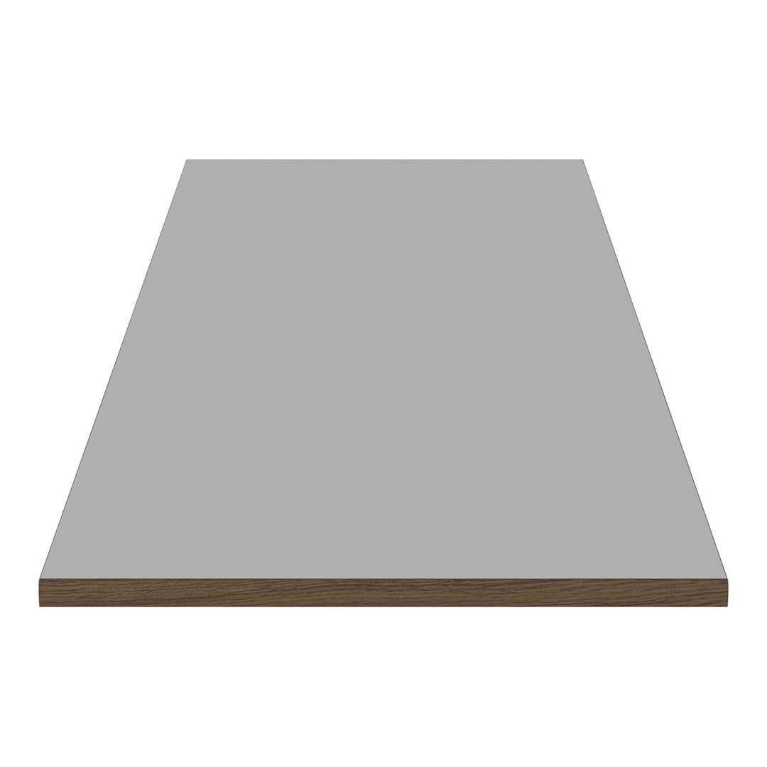 Gray surface with a smooth finish and a contrasting brown edge. Ideal for modern decor.