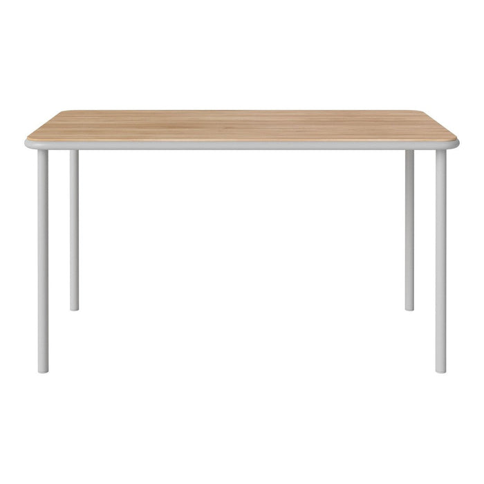 Natural wood tabletop with light beige finish, paired with slim white metal legs for a modern look.