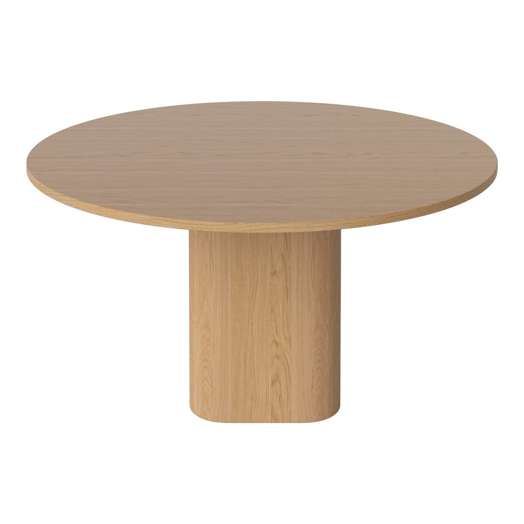 Round wooden table in light oak finish with a smooth, natural wood grain pattern. Perfect for modern dining spaces.