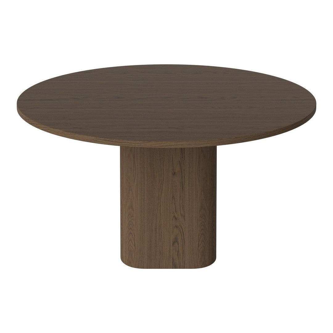 Round brown dining table with a smooth surface and a cylindrical pedestal base, featuring a sleek, modern wood grain pattern.