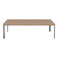 Modern rectangular table with a light wood surface and sleek silver metal legs, perfect for contemporary decor.