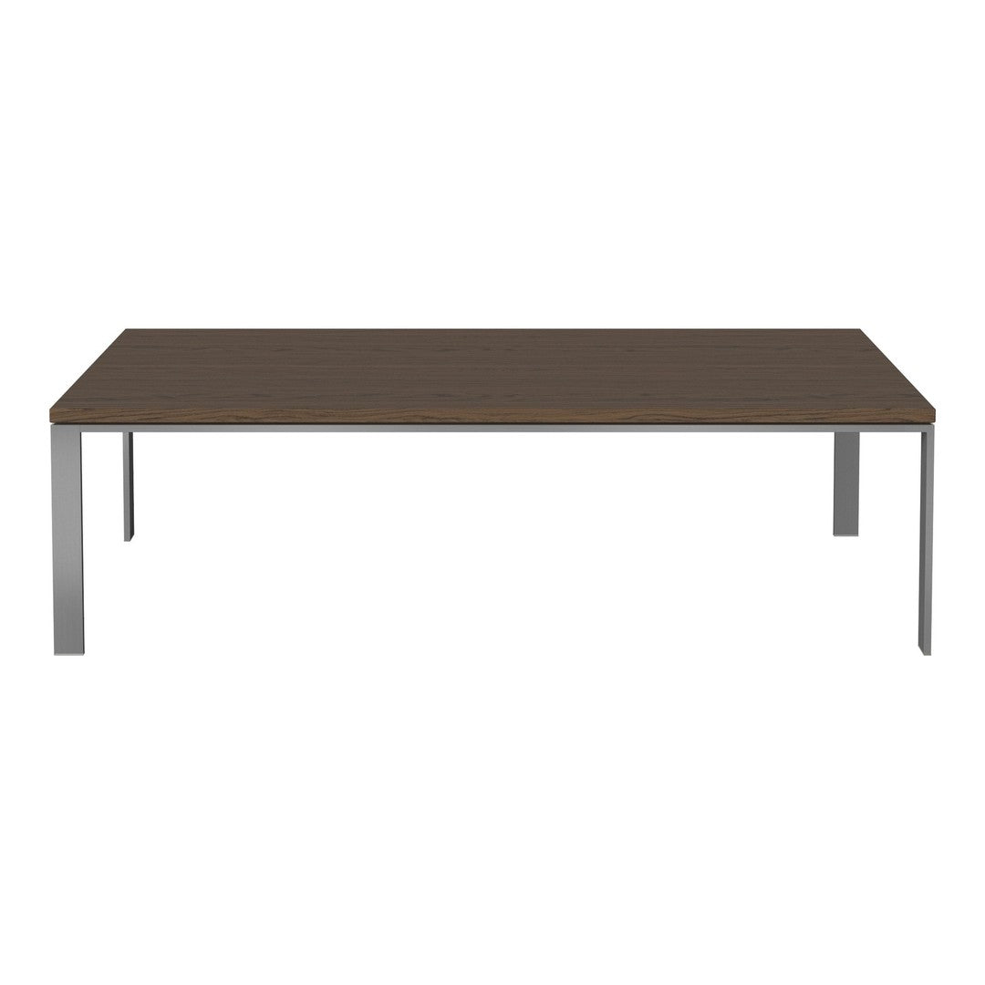 Brown tabletop with sleek silver legs, featuring a clean, modern design and minimalist aesthetic.