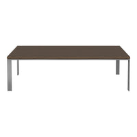 Brown tabletop with sleek silver legs, featuring a clean, modern design and minimalist aesthetic.