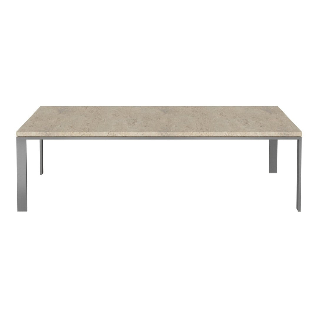 Rectangular dining table with a light marble top and sleek silver metal legs, featuring a subtle, elegant pattern.