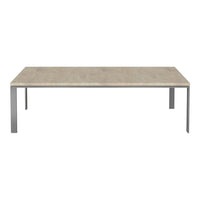 Rectangular dining table with a light marble top and sleek silver metal legs, featuring a subtle, elegant pattern.