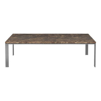 Marble-patterned tabletop in earthy brown and gray tones with sleek silver metal legs. Perfect for modern decor.