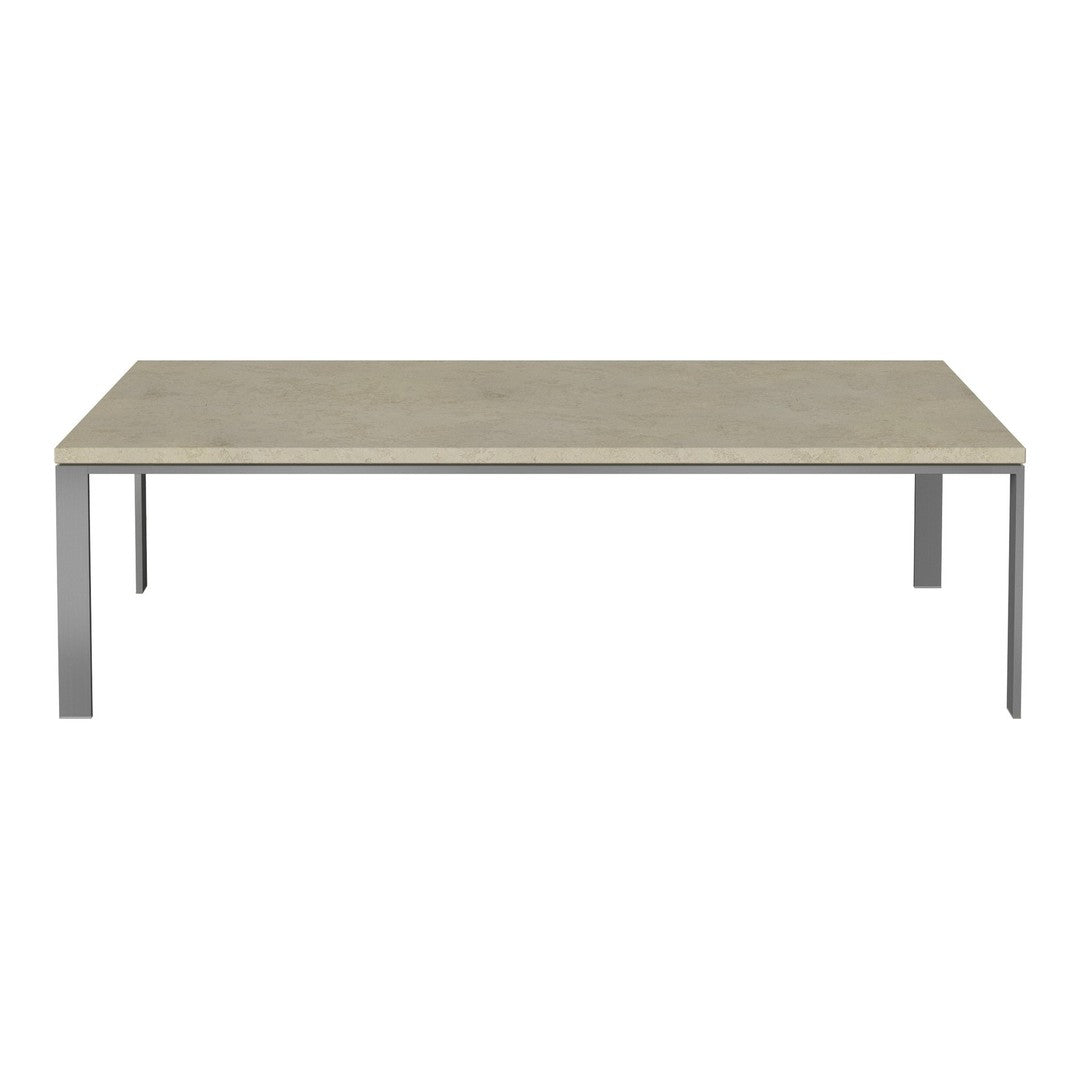 Rectangular dining table with a light gray top and sleek silver metal legs, featuring a minimalist design.