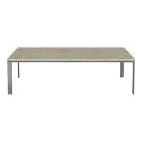 Rectangular dining table with a light gray top and sleek silver metal legs, featuring a minimalist design.
