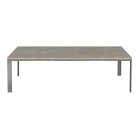 "Modern rectangular coffee table with a light gray stone top and sleek silver metal legs, featuring a minimalist design."