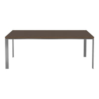Brown rectangular table with a smooth surface and sleek silver metal legs, perfect for modern dining spaces.